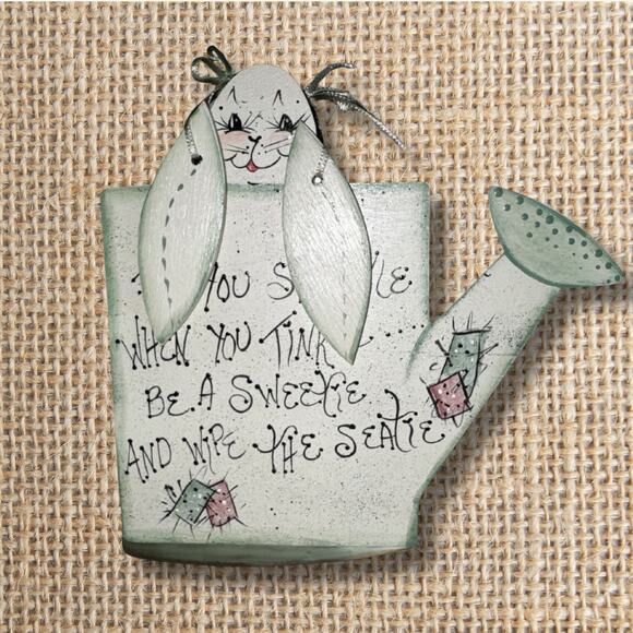 Vintage Bunny Watering Can – “If You Sprinkle When You Tinkle” Wooden Folk Art - Picture 7 of 8
